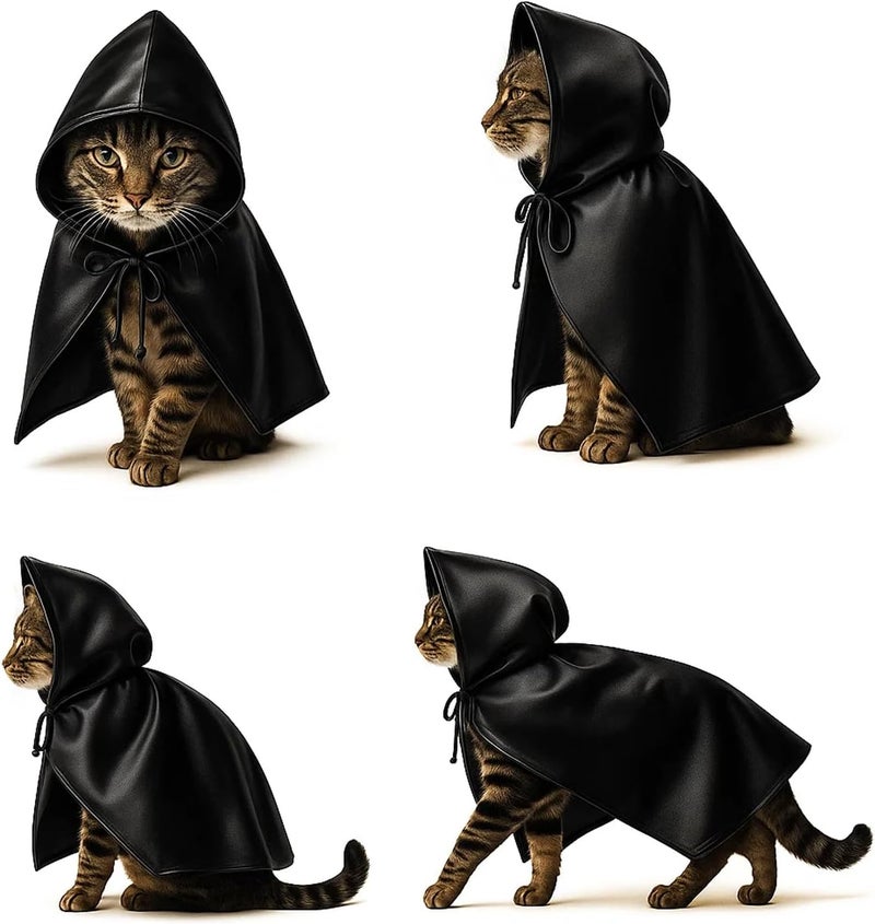 Handmade Black Cat Cloak with Hood for Indoor Cats, Funny Superhero Cosplay Halloween Costume for Pets, Cute Cape for Party Photos and Dress-Up – Big/Middle Size (Black) - Image 3